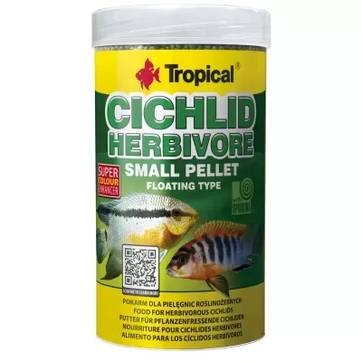 Alimento para peixes cíclides herbívoros Tropical em embalagem amarela e verde com tampa branca