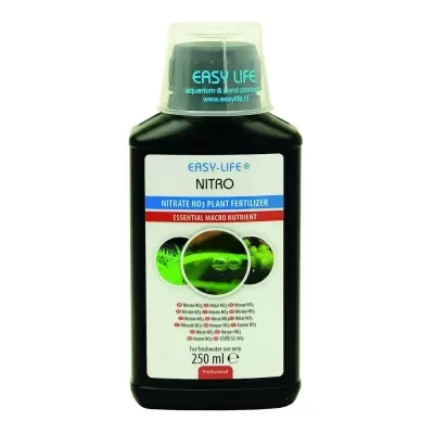 Frasco de fertilizante para plantas Easy-Life Nitro preto com tampa transparente e etiqueta com textos e imagens verdes.