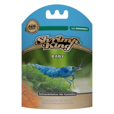 Embalagem com camarão azul e texto Shrimp King BABY para ração