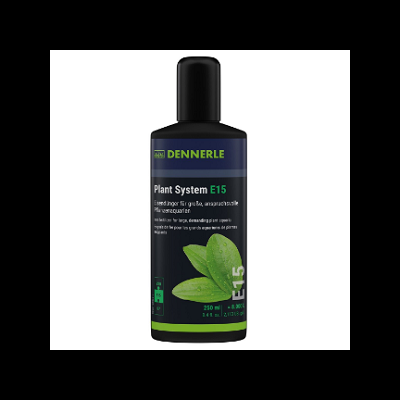 Frasco preto com rótulo verde e azul da Dennerle Plant System E15 com imagem de folhas