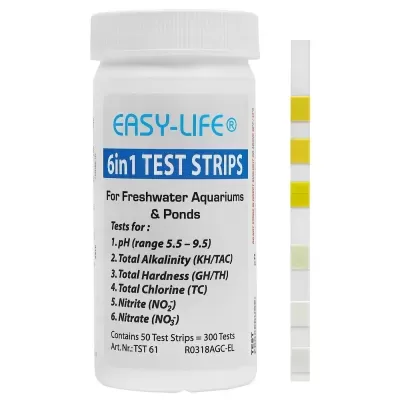 Frasco branco de tiras de teste EASY-LIFE 6in1 para aquários e lagoas, com texto e tira de teste colorida