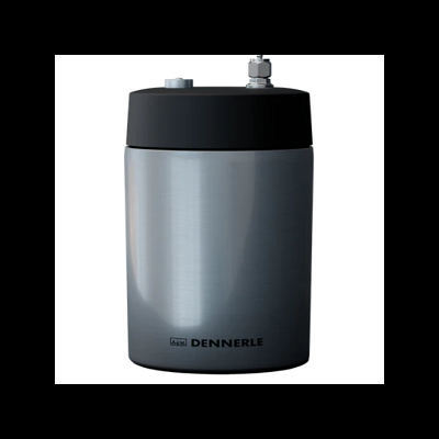 Frasco cilíndrico metálico prateado com tampa preta e válvulas, marca DENNERLE