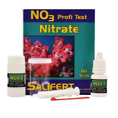 Kit para teste de nitratos NO3 Profi Test Nitrate da SALIFERT com frascos, seringa, colher e caixa colorida.