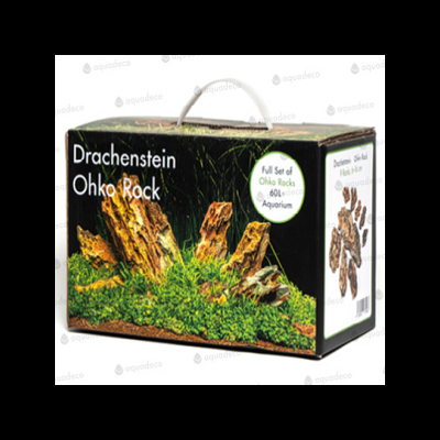 Caixa preta com rochas e plantas para aquário