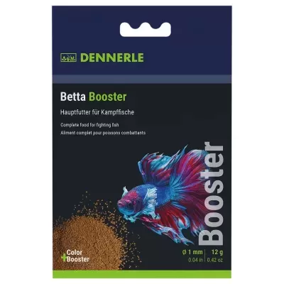 Embalagem de ração para peixes Betta Booster da DENNERLE com peixe colorido e ração granulada