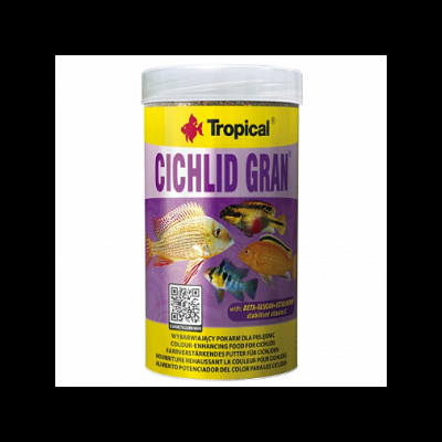 Recipiente plástico com alimento para peixes Tropical CICHLID GRAN com imagens de peixes