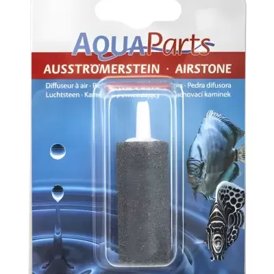 Pedra difusora AquaParts para aquários, em embalagem azul e vermelha com imagens de peixes