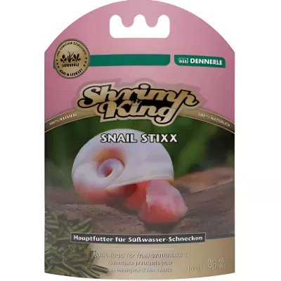 Embalagem rosa e verde Shrimp King Snail Stixx com imagem de caracol