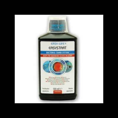 Frasco plástico preto com rótulo branco azul e vermelho mostrando peixes