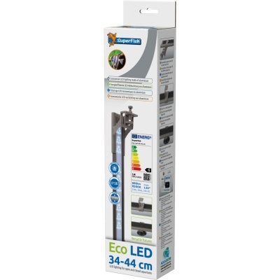 Caixa de iluminação LED SuperFish Eco LED para aquários, 34-44 cm, embalagem branca com texto e imagens do produto