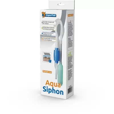 Caixa do sifão Aqua Siphon da SuperFish com tubo flexível e ilustracão de aquário