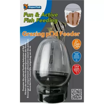 Alimentador para peixes SuperFish plástico preto e transparente com rótulos coloridos