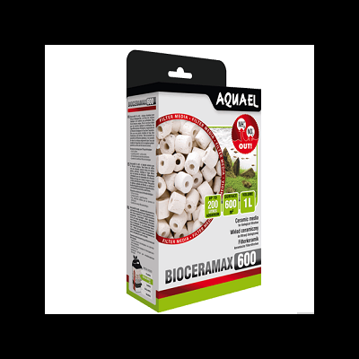 Embalagem filtro AQUAEL BIOCERAMAX 600 com grânulos cerâmicos brancos e texto