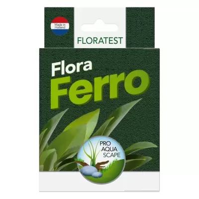 Embalagem de produto Flora Ferro com ilustração de folhas e texto PRO AQUA SCAPE