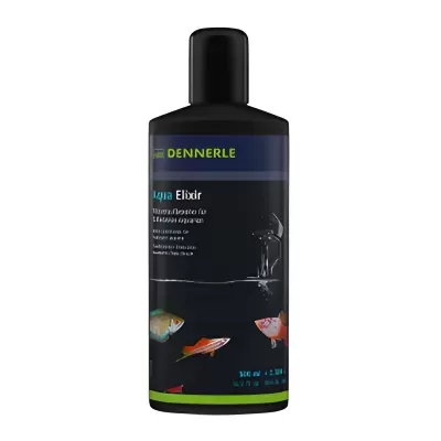 Frasco de líquido para aquário com rótulo DENNERLE e peixes coloridos