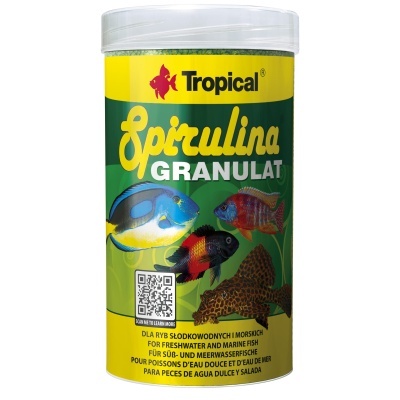 Frasco de alimento para peixes Tropical Spirulina Granulat com imagens de peixes