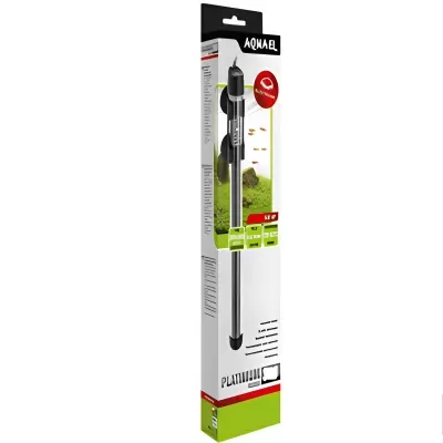Aquecedor para aquário em embalagem branca com detalhes em verde e texto AQUA EL 100W