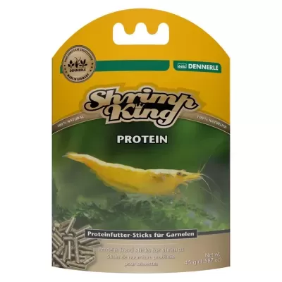 alimento para camarões Shrimp King Protein embalagem amarela e verde Dennerle