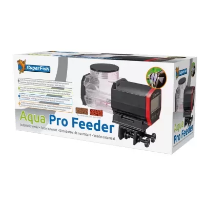 Alimentador automático Aqua Pro Feeder SuperFish em caixa com imagens de peixes e alimentos