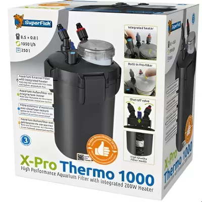 Filtro externo para aquário SuporFish X-Pro Thermo 1000 preto com conexões coloridas e tampa transparente