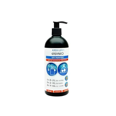 Frasco preto com doseador e rótulo branco azul e vermelho