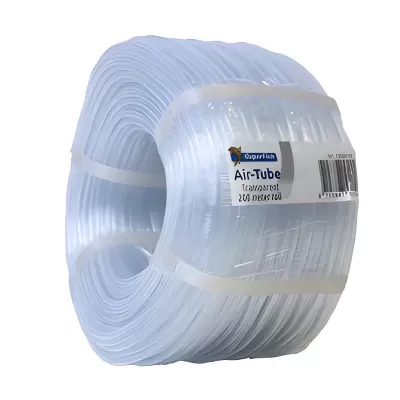 Tubo flexível transparente enrolado com etiqueta