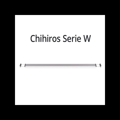 Luminária LED cinza metálico com suportes pretos exibida com texto Chihiros Serie W.