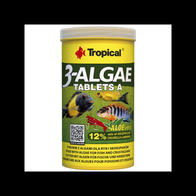 Pote amarelo de algas para peixes Tropical 3-ALGAE TABLETS A com 12% Aloe Vera