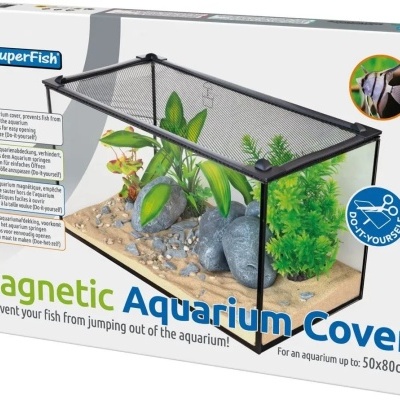 Embalagem de tampa magnética para aquário SuperFish com imagem do produto e texto explicativo