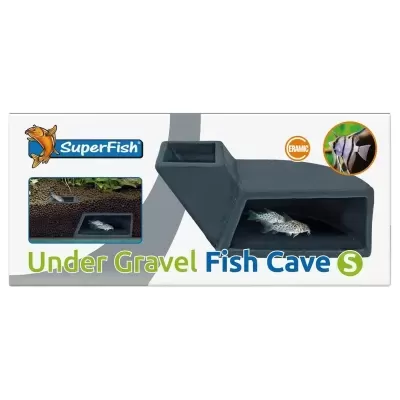 Abrigo cerâmico para peixes SuperFish Under Gravel Fish Cave S em embalagem com texto e imagens