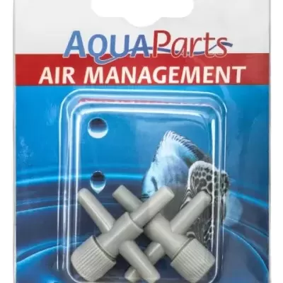 Produto AquaParts Air Management com dois conectores plásticos cinza em embalagem blíster azul e vermelho