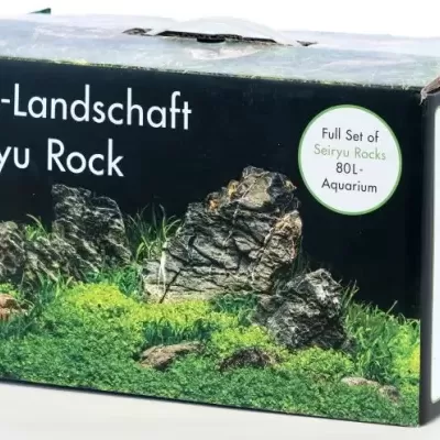 Conjunto de pedras Seiryu Rock para aquários em embalagem com imagem do produto e texto