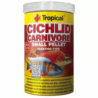 Pote de comida para peixes Tropical Cichlid Carnivore com rótulo amarelo e vermelho e imagens de peixes
