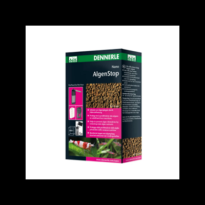 Embalagem do produto DENNERLE Nano AlgenStop com pellets castanhos e imagens de aquário