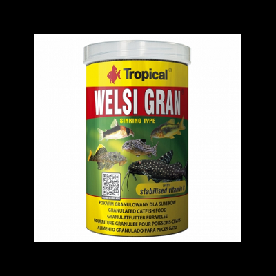 Lata de ração para peixe Tropical Welsi Gran com imagens de peixes