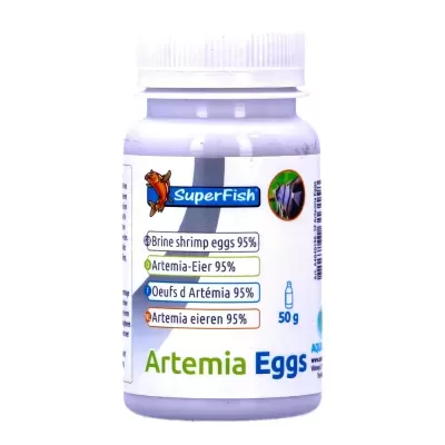 Frasco branco com tampa e rótulo SuperFish Artemia Eggs 50g
