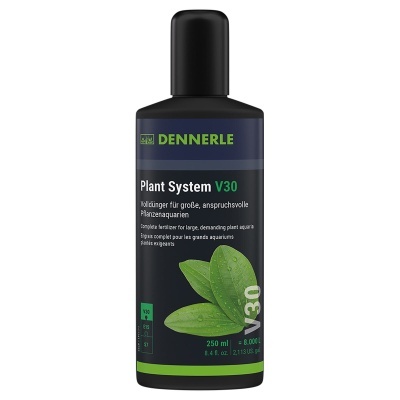 Frasco preto com rótulo azul e verde de fertilizante para plantas, marca DENNERLE, Plant System V30.