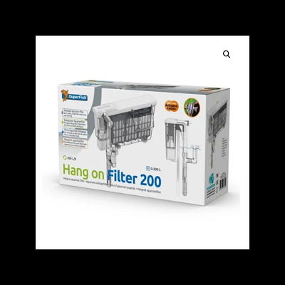 Embalagem de filtro Hang on Filter 200 da marca SuperFish com imagem do produto.