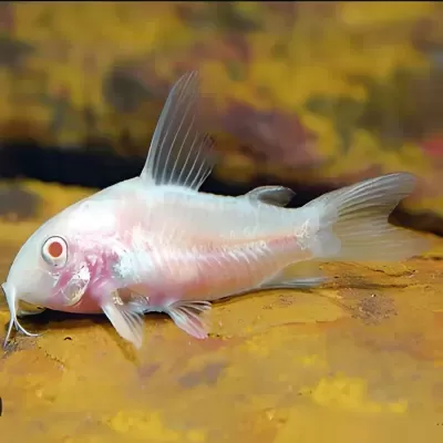 Peixe albino translúcido branco-rosado sobre fundo amarelo