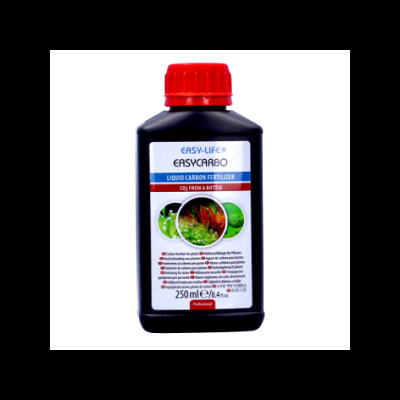 Frasco preto com tampa vermelha e rótulo branco de fertilizante líquido Easy-Life EasyCarbo
