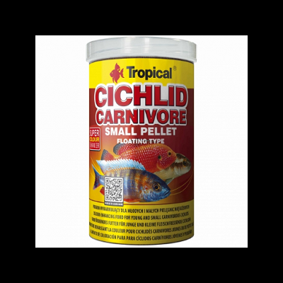 Embalagem de ração para peixes Tropical Cichlid Carnivore com ilustração de peixes