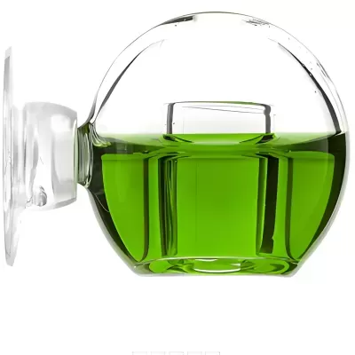 Frasco de vidro transparente com líquido verde e ventosa lateral