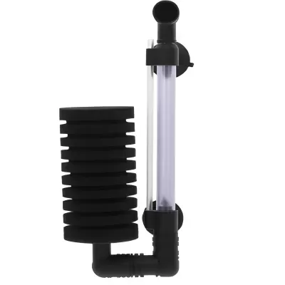 Filtro de aquário preto com tubo transparente e corpo em cilindro com ranhuras