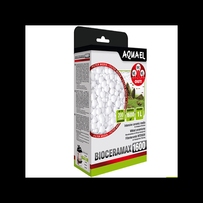 Emb. filtro aquário BIOCERAMAX 1600 com esferas brancas e texto técnico.
