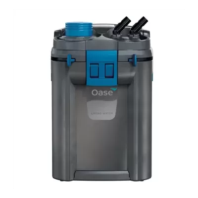 Filtro de água cinza e azul da marca Oase com texto LIVING WATER