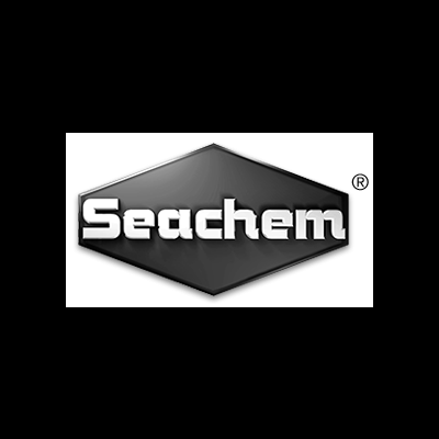 Logótipo Seachem letras brancas fundo preto hexagonal