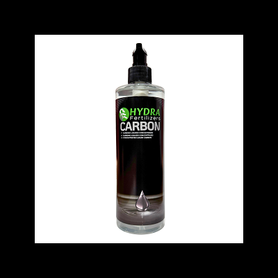 Frasco transparente de fertilizante líquido Hydra Fertilizers Carbon com tampa preta