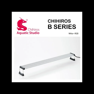 Luminária LED branca longa com suporte preto e texto Chihiros B Series