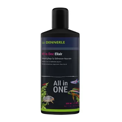 Frasco preto de produto para aquários All in ONE Elixir da Dennerle