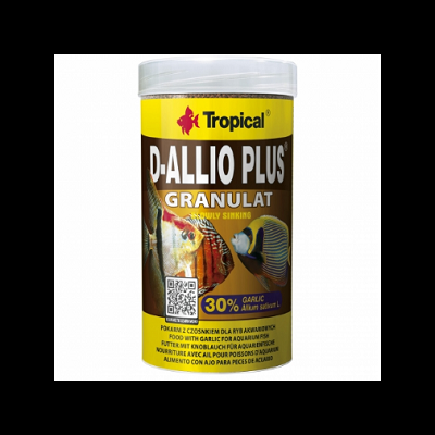 Embalagem de granulados para peixes tropicais D-ALLIO PLUS em cores amarelo e castanho
